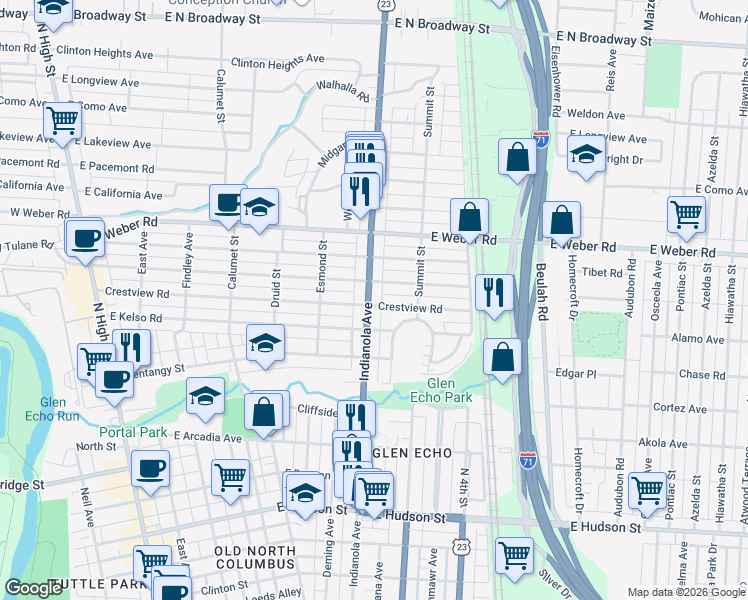 map of restaurants, bars, coffee shops, grocery stores, and more near 430 East Kelso Road in Columbus