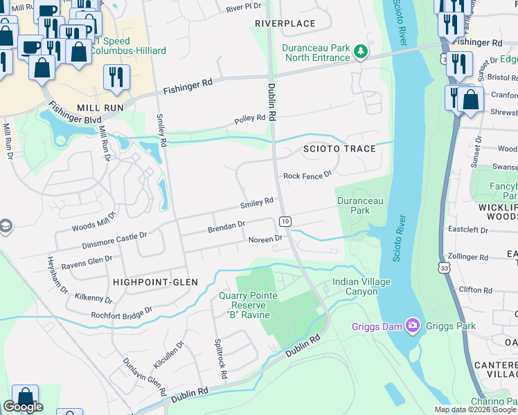 map of restaurants, bars, coffee shops, grocery stores, and more near 3241 Brendan Drive in Columbus