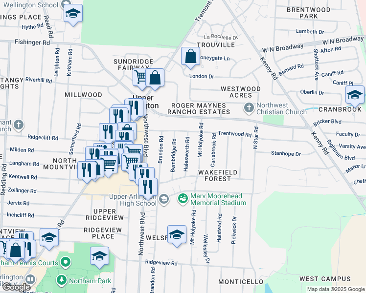 map of restaurants, bars, coffee shops, grocery stores, and more near 3118 Halesworth Road in Columbus