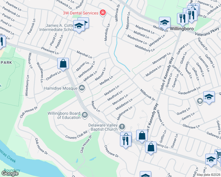 map of restaurants, bars, coffee shops, grocery stores, and more near 45 Medford Lane in Willingboro