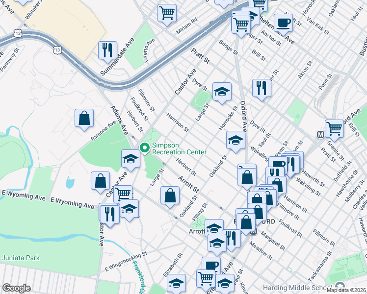 map of restaurants, bars, coffee shops, grocery stores, and more near 1119 Herbert Street in Philadelphia