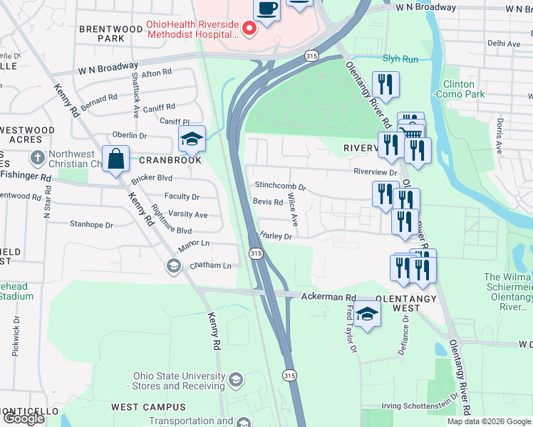 map of restaurants, bars, coffee shops, grocery stores, and more near 760 Harley Drive in Columbus