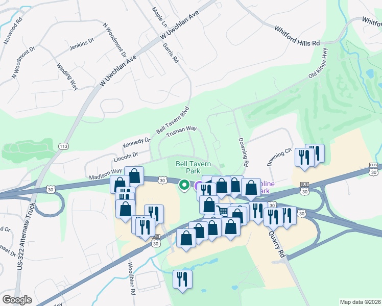 map of restaurants, bars, coffee shops, grocery stores, and more near 203 Coolidge Lane in Downingtown