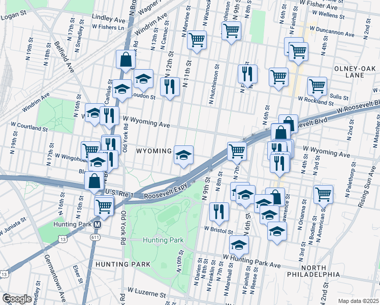 map of restaurants, bars, coffee shops, grocery stores, and more near 4600 North 10th Street in Philadelphia