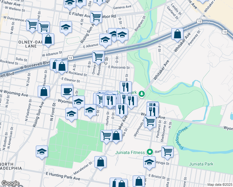 map of restaurants, bars, coffee shops, grocery stores, and more near 4736 Bingham Street in Philadelphia