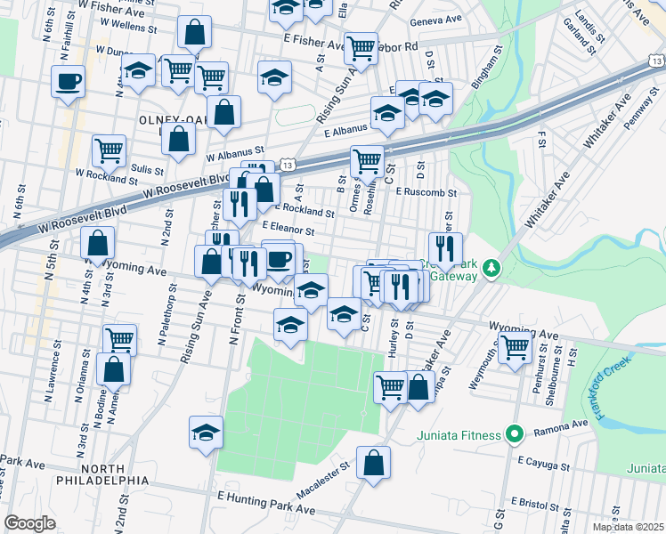 map of restaurants, bars, coffee shops, grocery stores, and more near 4755 B Street in Philadelphia