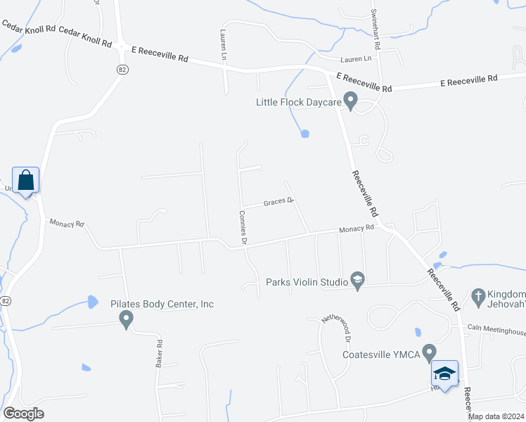 map of restaurants, bars, coffee shops, grocery stores, and more near 35 Graces Drive in Coatesville