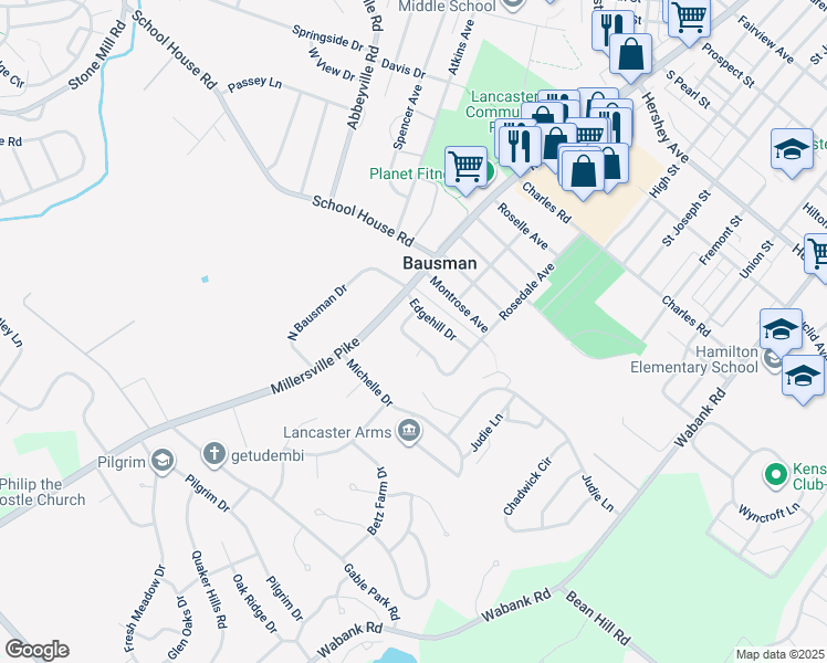 map of restaurants, bars, coffee shops, grocery stores, and more near 15 Springhouse Road in Lancaster