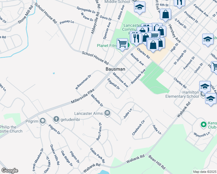 map of restaurants, bars, coffee shops, grocery stores, and more near 15 Springhouse Road in Lancaster