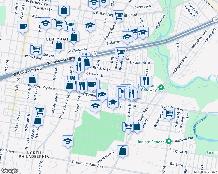 map of restaurants, bars, coffee shops, grocery stores, and more near 4755 B Street in Philadelphia