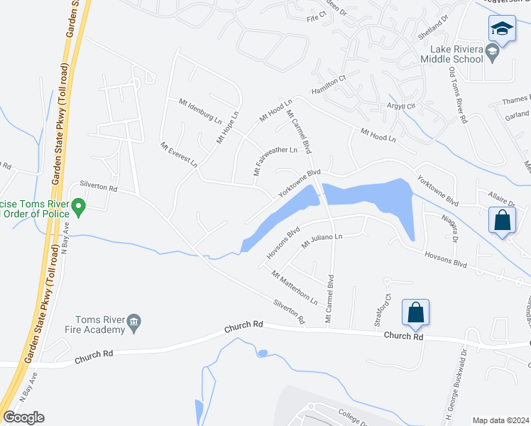 map of restaurants, bars, coffee shops, grocery stores, and more near 1677 Yorktowne Boulevard in Toms River