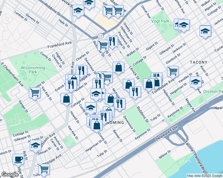 map of restaurants, bars, coffee shops, grocery stores, and more near 4430 McKinley Street in Philadelphia