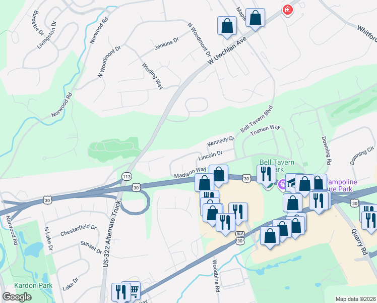 map of restaurants, bars, coffee shops, grocery stores, and more near 126 Madison Way in Downingtown