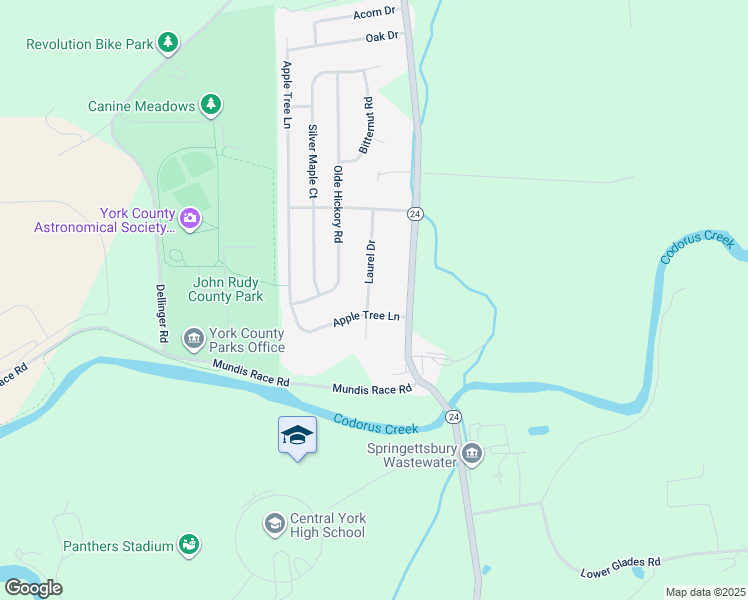 map of restaurants, bars, coffee shops, grocery stores, and more near 105 Laurel Drive in Mount Wolf