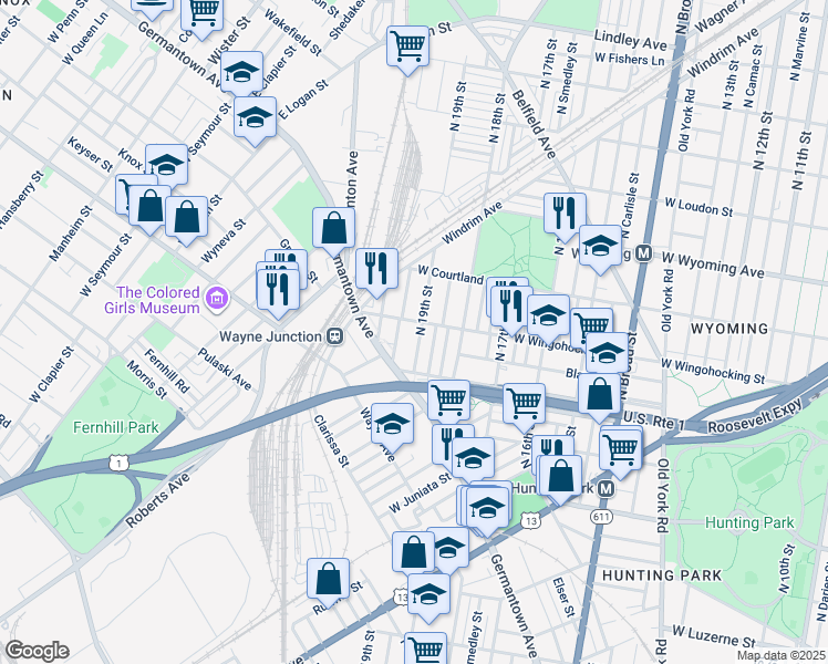map of restaurants, bars, coffee shops, grocery stores, and more near 4450 North 19th Street in Philadelphia