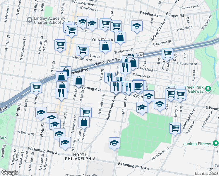 map of restaurants, bars, coffee shops, grocery stores, and more near 163-71 West Wyoming Avenue in Philadelphia