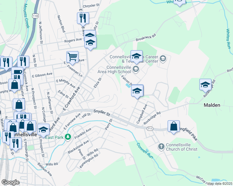 map of restaurants, bars, coffee shops, grocery stores, and more near 240 Swan Drive in Connellsville