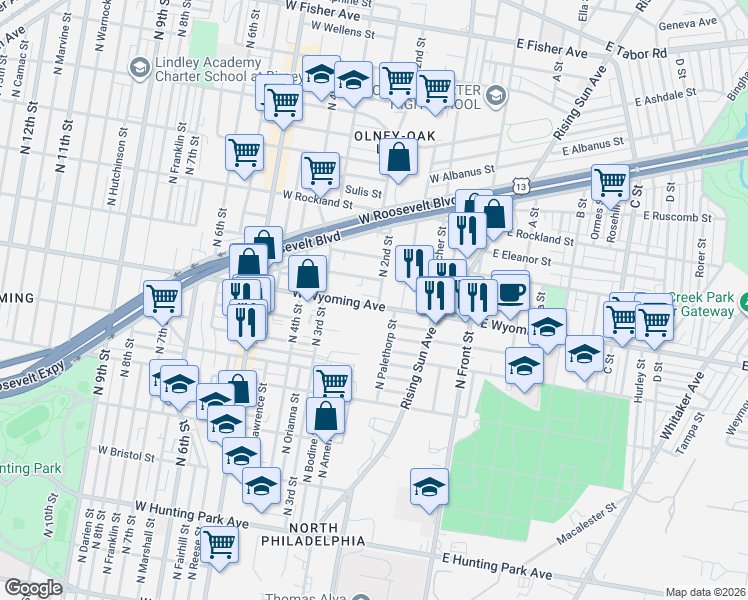 map of restaurants, bars, coffee shops, grocery stores, and more near 200 Wyoming Avenue in Philadelphia