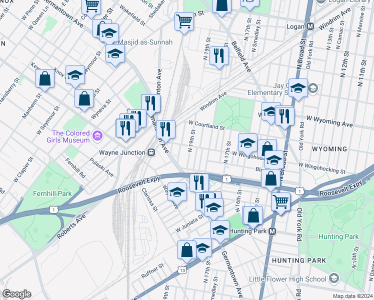map of restaurants, bars, coffee shops, grocery stores, and more near 4450 North 19th Street in Philadelphia