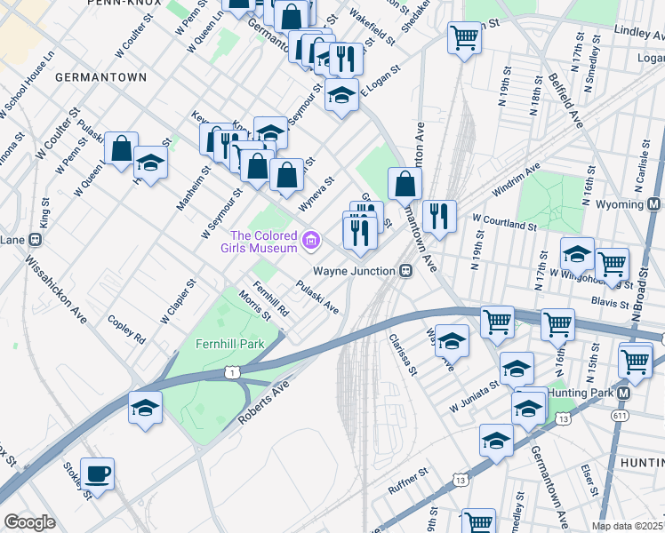 map of restaurants, bars, coffee shops, grocery stores, and more near 227 Zeralda Street in Philadelphia