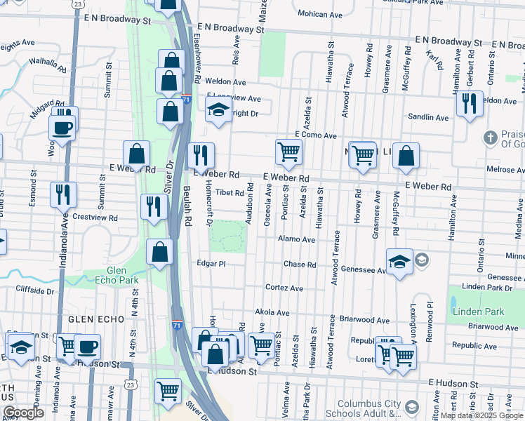 map of restaurants, bars, coffee shops, grocery stores, and more near 2836 Osceola Avenue in Columbus