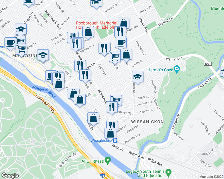 map of restaurants, bars, coffee shops, grocery stores, and more near 328 Hermit Street in Philadelphia