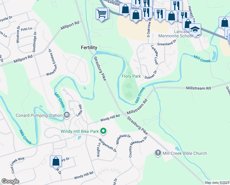 map of restaurants, bars, coffee shops, grocery stores, and more near 161 Strasburg Pike in Lancaster