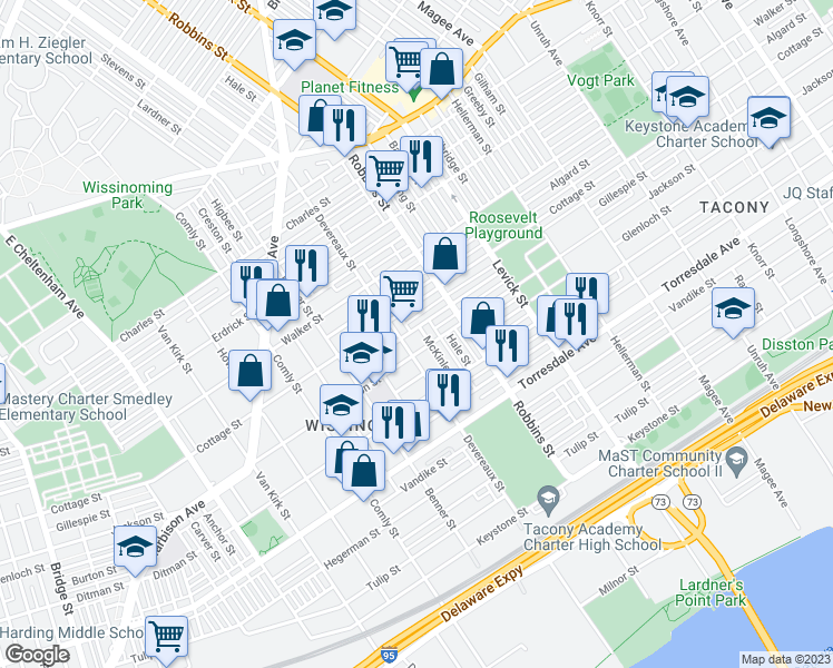 map of restaurants, bars, coffee shops, grocery stores, and more near 6245 Cottage Street in Philadelphia