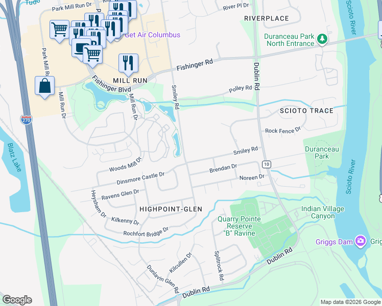map of restaurants, bars, coffee shops, grocery stores, and more near 3570 Smiley Road in Hilliard