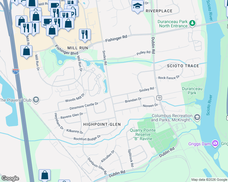 map of restaurants, bars, coffee shops, grocery stores, and more near 3570 Smiley Road in Hilliard