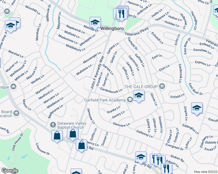 map of restaurants, bars, coffee shops, grocery stores, and more near 25 Gary Lane in Willingboro