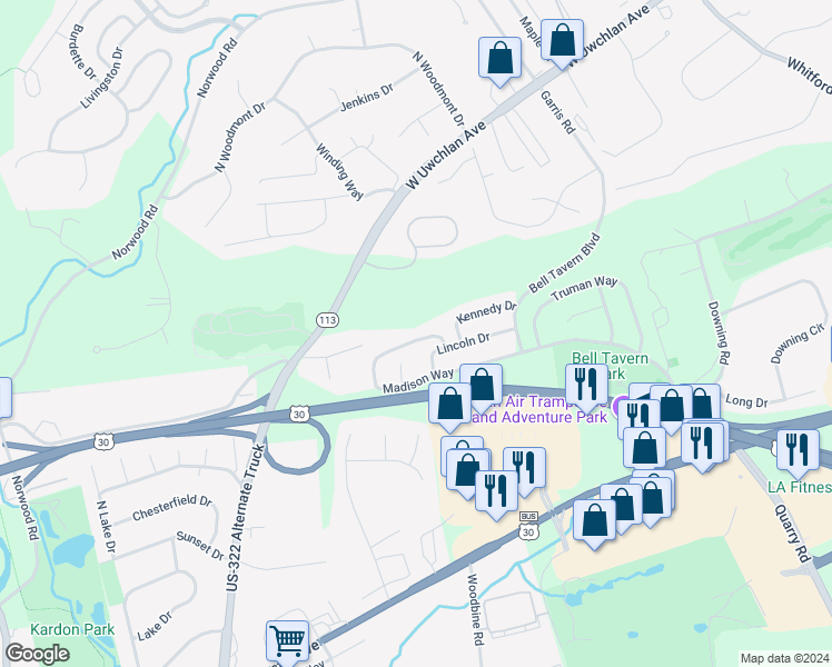 map of restaurants, bars, coffee shops, grocery stores, and more near 159 Madison Way in Downingtown