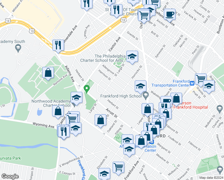 map of restaurants, bars, coffee shops, grocery stores, and more near 1114 Fillmore Street in Philadelphia