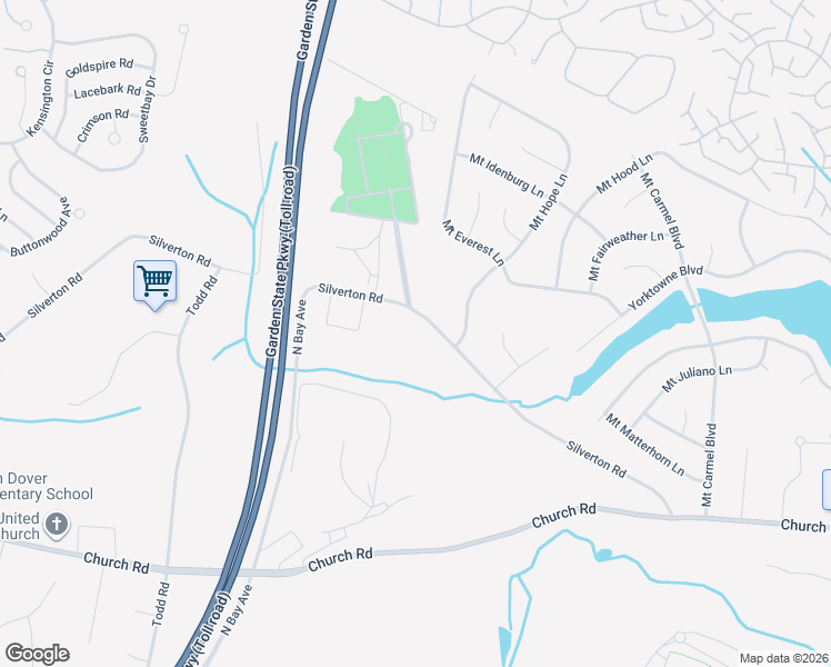 map of restaurants, bars, coffee shops, grocery stores, and more near 1722 Silverton Road in Toms River