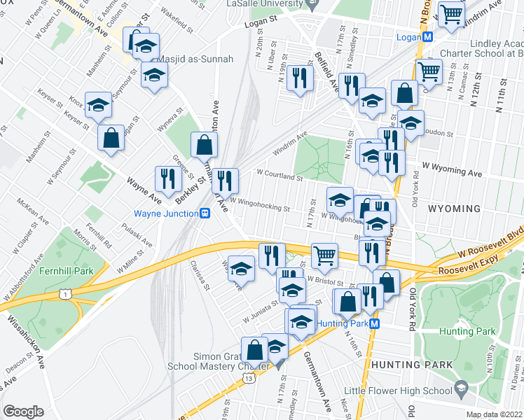 map of restaurants, bars, coffee shops, grocery stores, and more near 4459 North 19th Street in Philadelphia