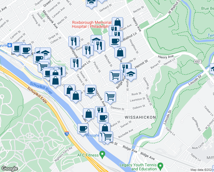 map of restaurants, bars, coffee shops, grocery stores, and more near 330 Hermit Street in Philadelphia