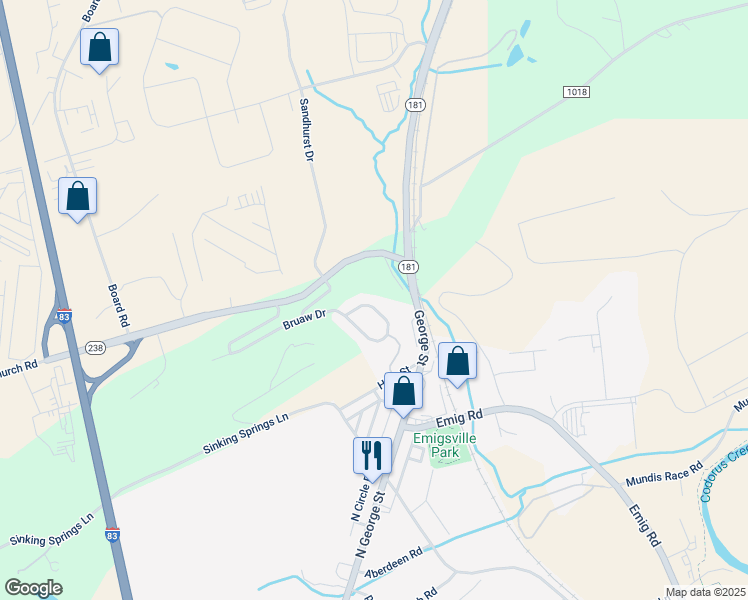 map of restaurants, bars, coffee shops, grocery stores, and more near 134 Bruaw Drive in York