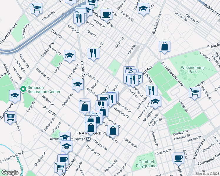 map of restaurants, bars, coffee shops, grocery stores, and more near 5123 Leiper Street in Philadelphia