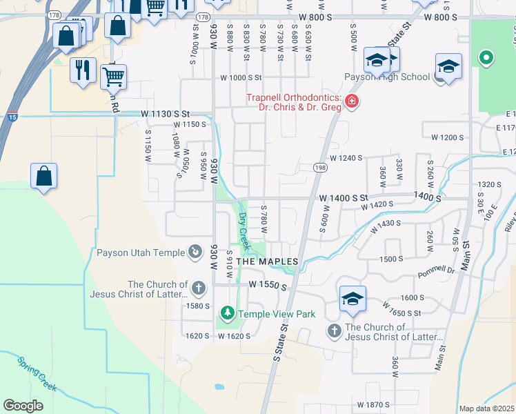 map of restaurants, bars, coffee shops, grocery stores, and more near 1354 South 780 West in Payson