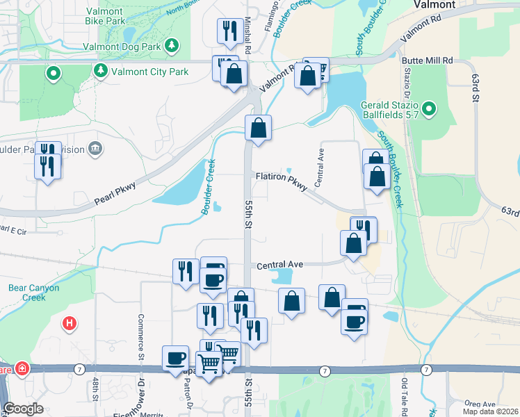 map of restaurants, bars, coffee shops, grocery stores, and more near 2300 55th Street in Boulder
