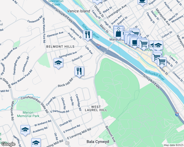 map of restaurants, bars, coffee shops, grocery stores, and more near 251 Rock Hill Road in Bala Cynwyd