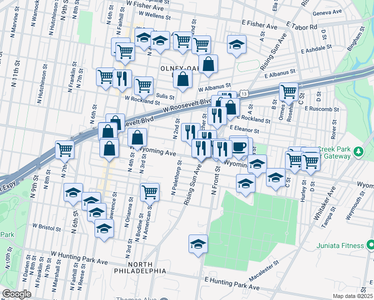 map of restaurants, bars, coffee shops, grocery stores, and more near 186 West Loudon Street in Philadelphia