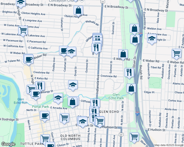 map of restaurants, bars, coffee shops, grocery stores, and more near 394 East Tulane Road in Columbus
