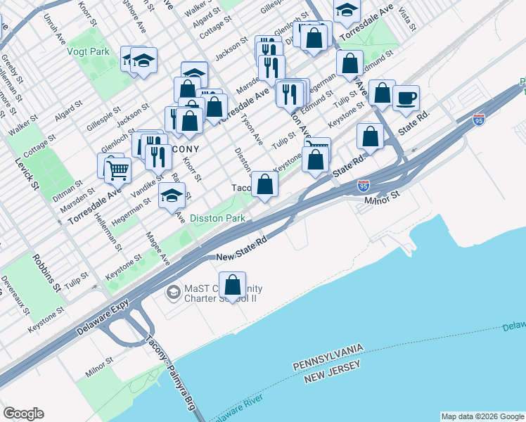 map of restaurants, bars, coffee shops, grocery stores, and more near 4943 Disston Street in Philadelphia