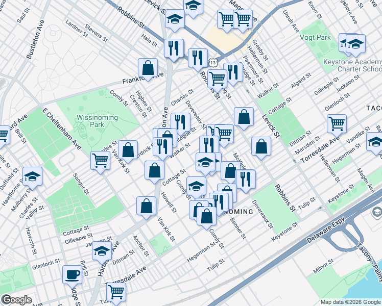 map of restaurants, bars, coffee shops, grocery stores, and more near 6141 Walker Street in Philadelphia