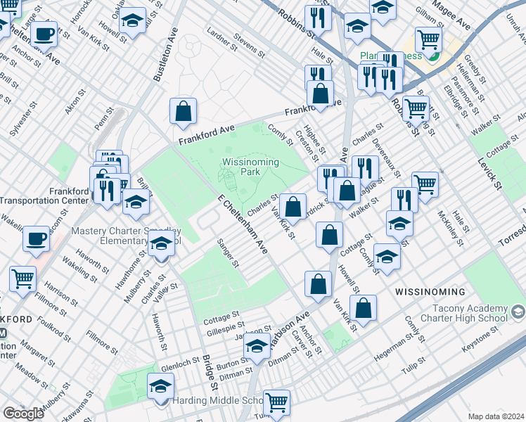 map of restaurants, bars, coffee shops, grocery stores, and more near 5801 Charles Street in Philadelphia