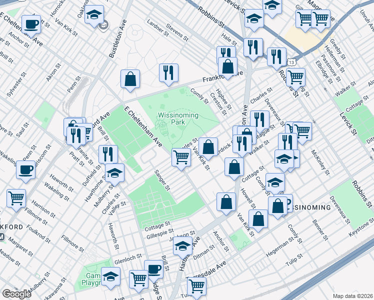 map of restaurants, bars, coffee shops, grocery stores, and more near 5801 Charles Street in Philadelphia