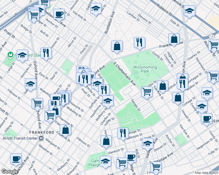 map of restaurants, bars, coffee shops, grocery stores, and more near 5655 Frankford Avenue in Philadelphia