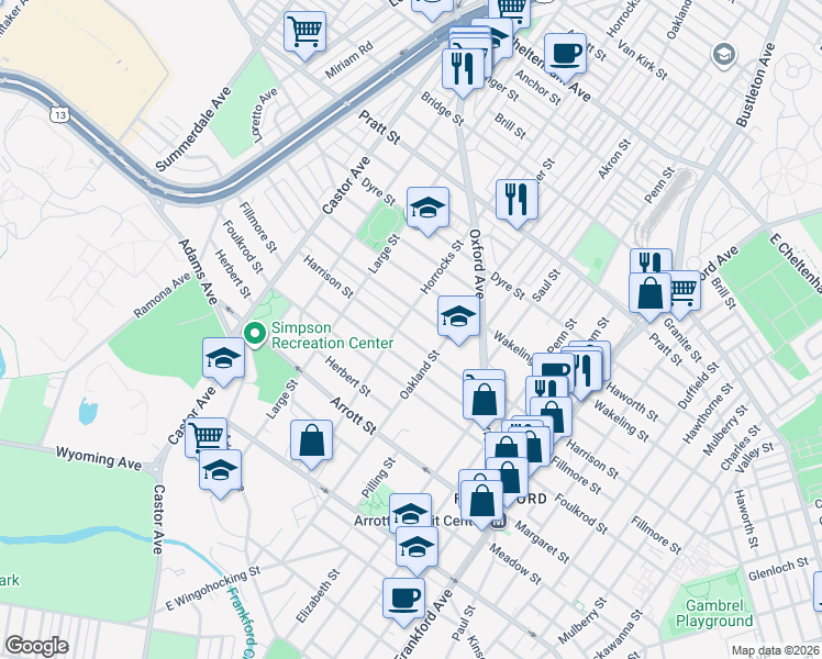 map of restaurants, bars, coffee shops, grocery stores, and more near 1201 Allengrove Street in Philadelphia