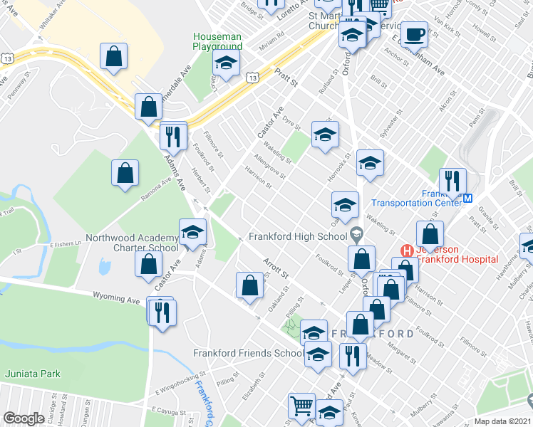 map of restaurants, bars, coffee shops, grocery stores, and more near 1031 Fillmore Street in Philadelphia